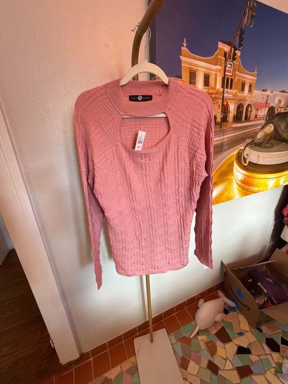 Ashley Stewart Pink Mock Neck Cutout Cable Knit Sweater